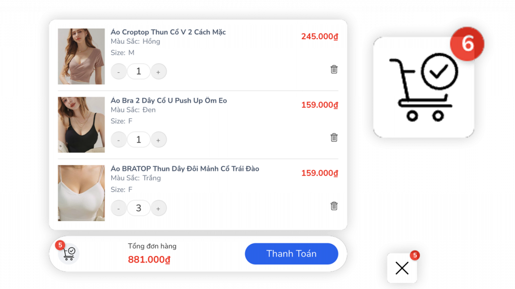 Mini cart thay đổi số lượng hoặc xoá sản phẩm
